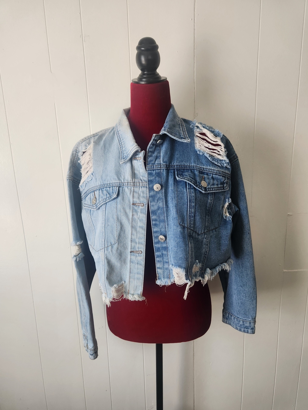 SHEIN Two-Tone Light & Medium Blue Distressed Cropped Denim Jacket Sz Large